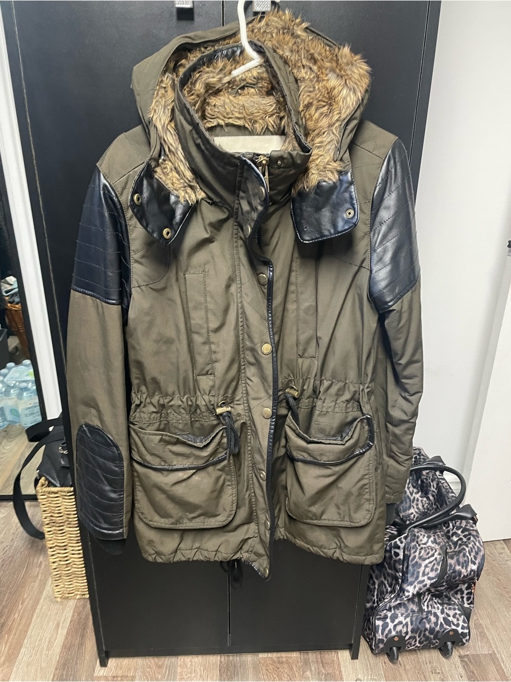 Garage Olive Utility Jacket with Faux Fur Hood and Black Trim